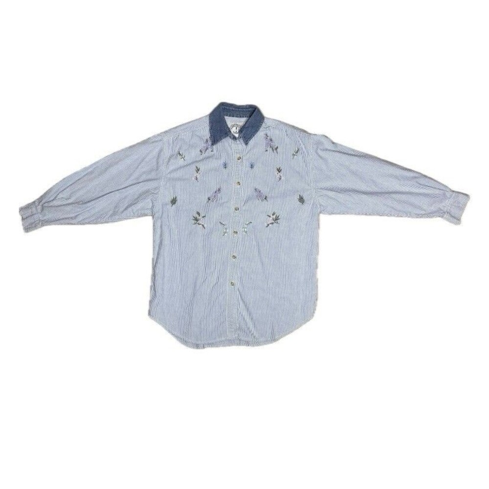 Vintage 90s Solutions Original Pinstripe Embroidered Floral Shirt Medium